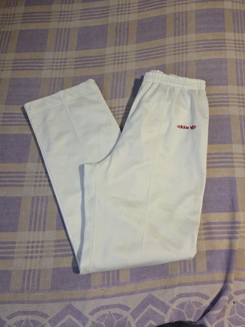 Vintage 70s Adidas Track Pants USA Made White Red Pleated Large Trefoil Warmup
